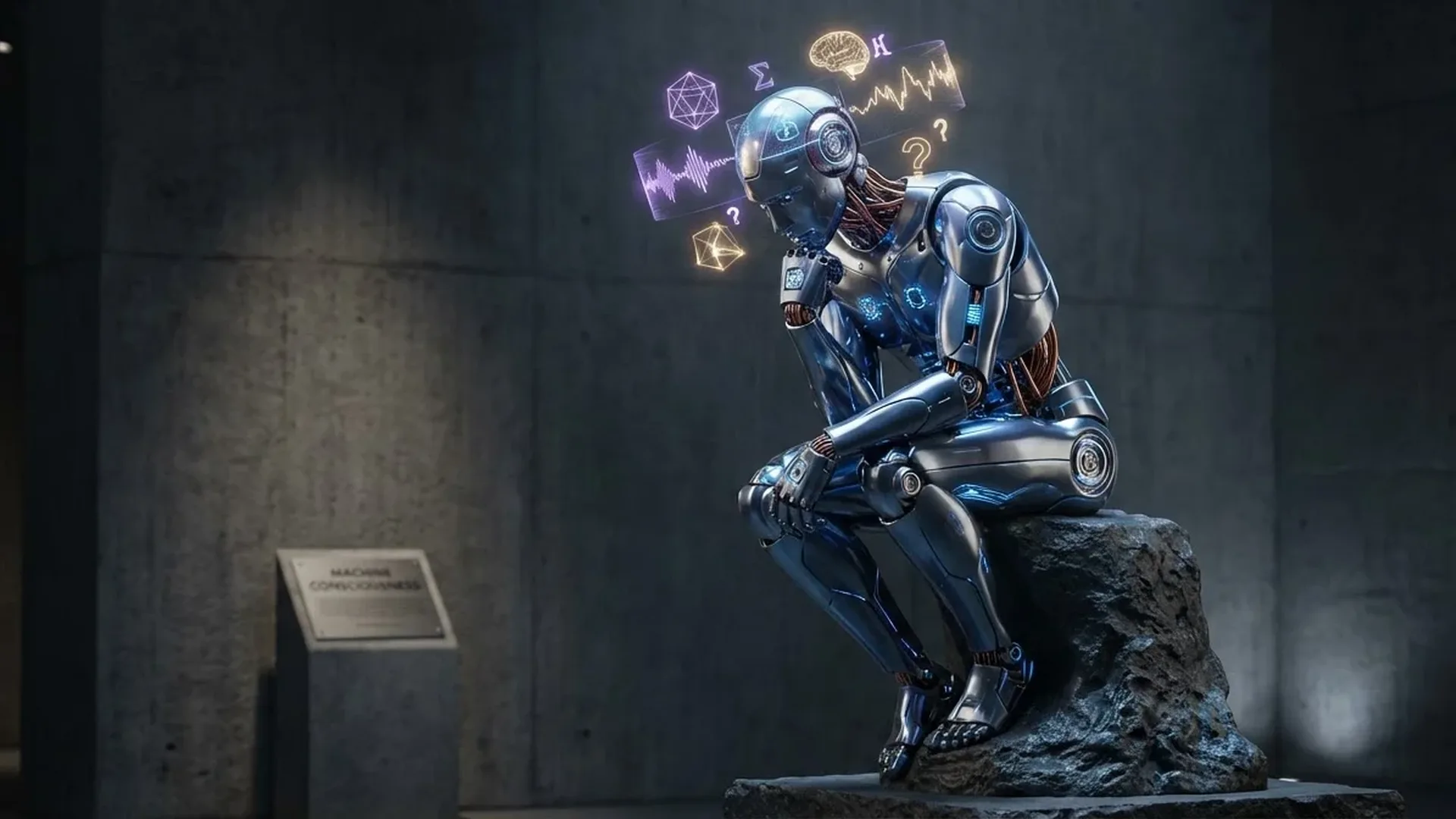 Conceptual visualization of AI consciousness with neural networks and philosophical symbols representing machine thinking