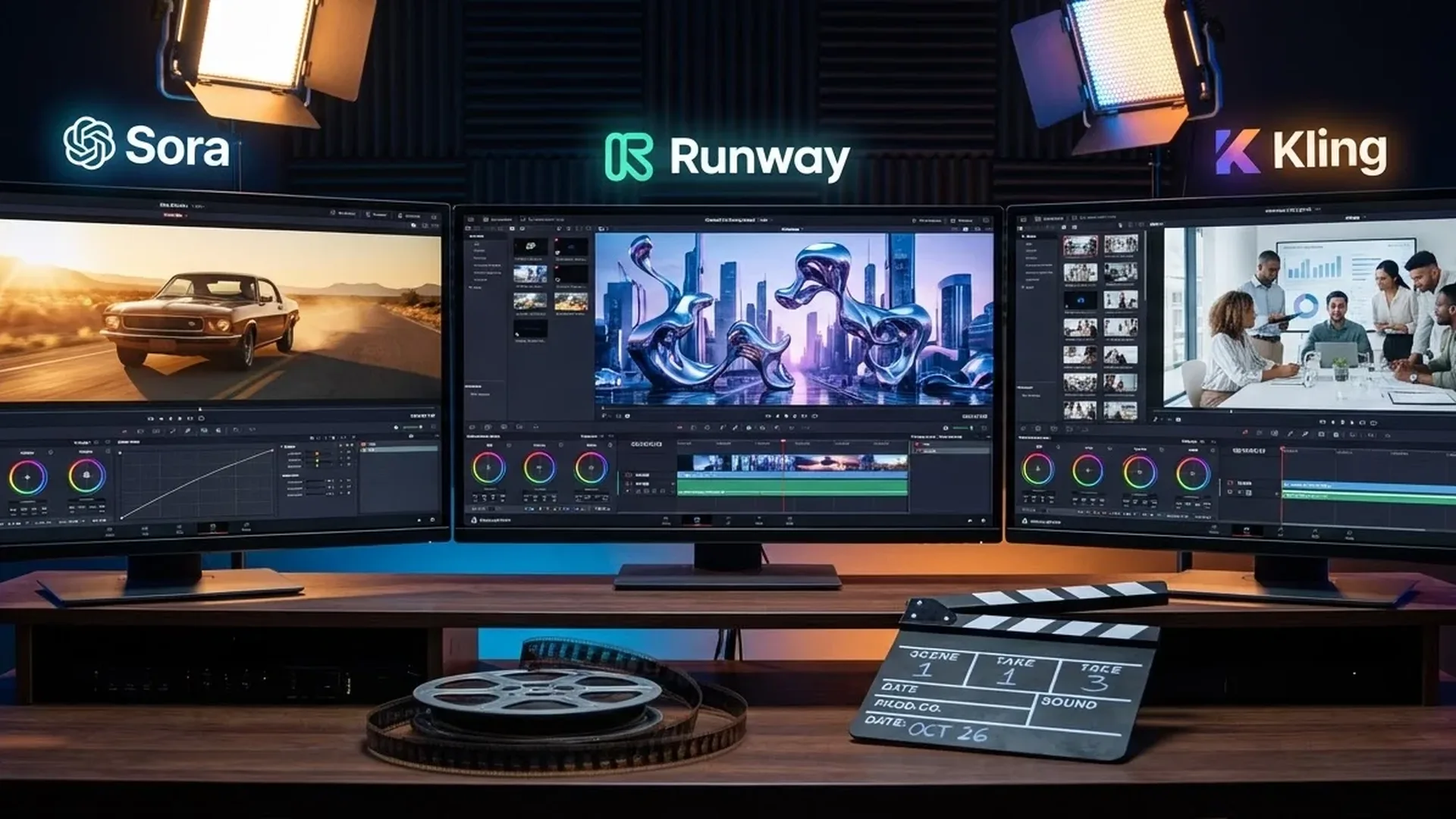 Side-by-side comparison of AI video outputs from Sora, Runway Gen-4, and Kling showing quality differences in 2026