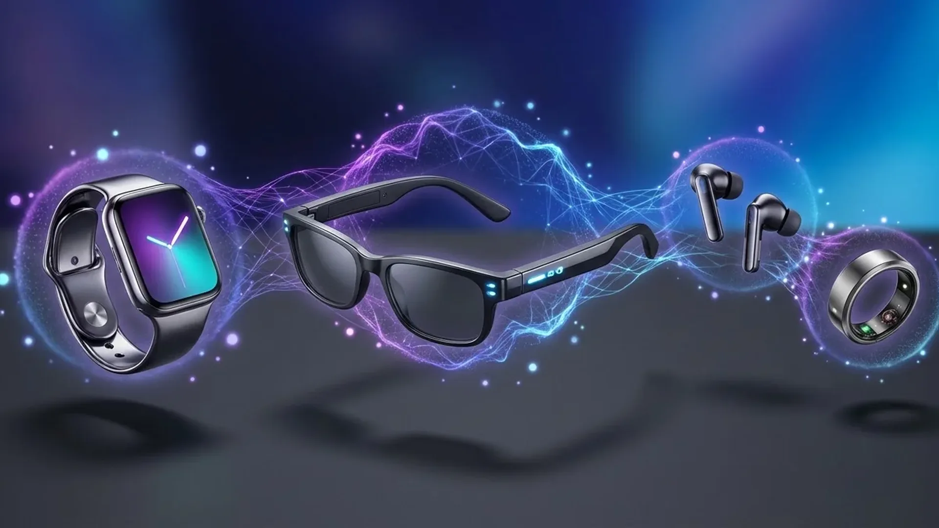 AI wearable devices lineup 2026 showing smartwatches, smart glasses, AI earbuds and smart rings with on-device AI capabilities