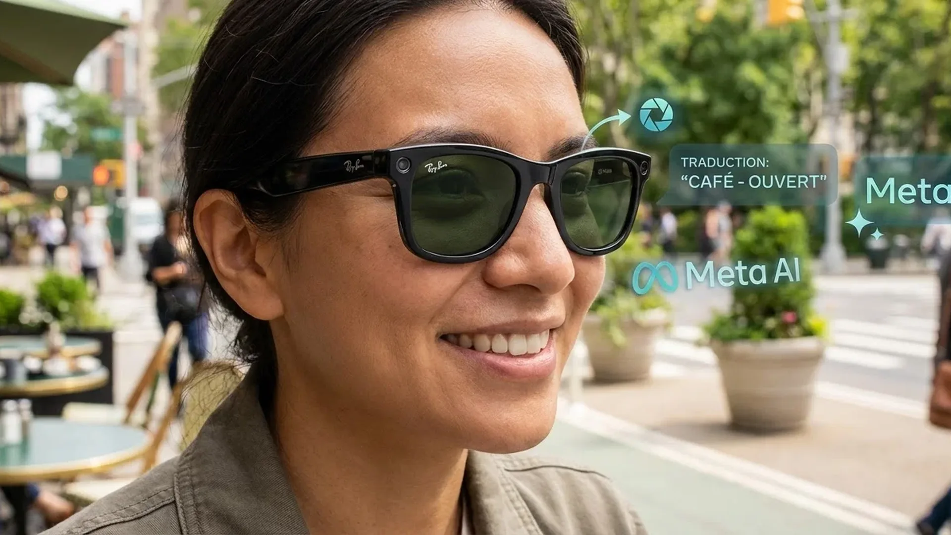 Meta Ray-Ban AI glasses showing AR display interface and camera functionality