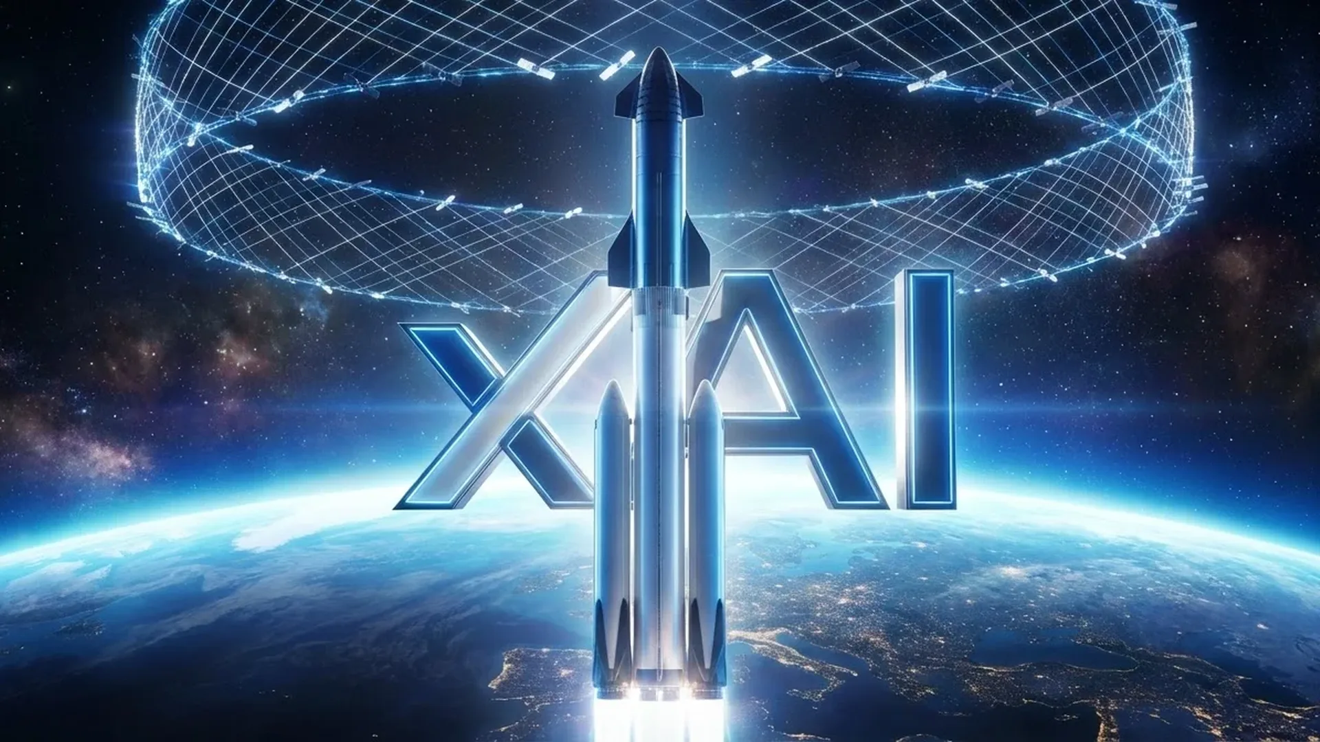 SpaceX and xAI logos merging in a $1.25 trillion deal that combines space technology with artificial intelligence