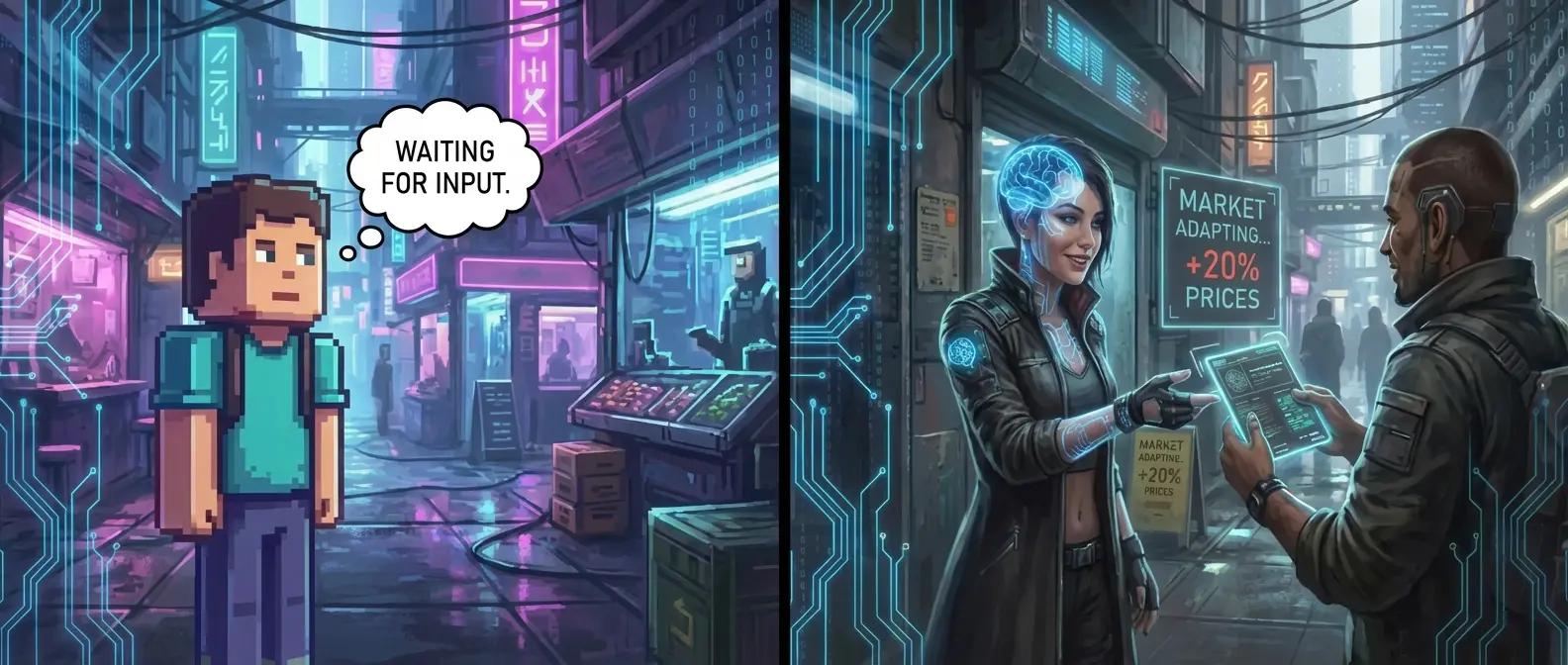 AI-powered gaming revolution showing neural networks controlling game mechanics