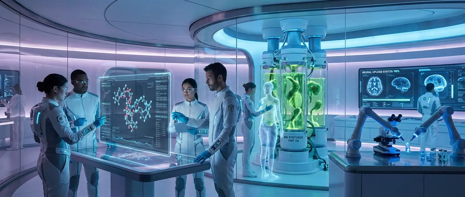 Futuristic medical room with holographic diagnostic displays and AI analysis systems