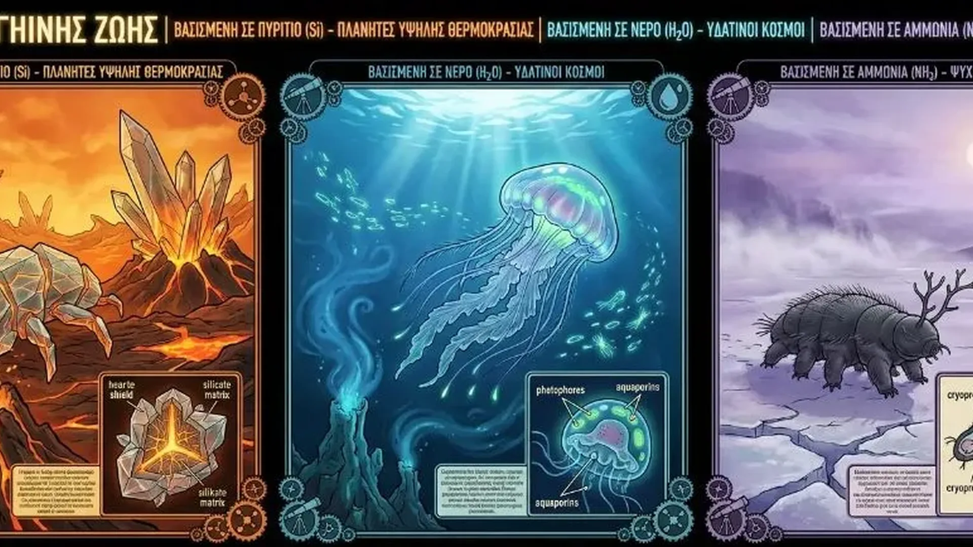 Artistic representation of different potential forms of alien life