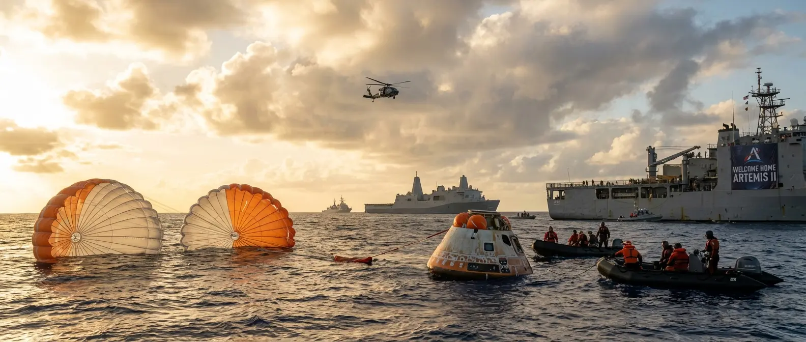 Orion capsule splashdown in Pacific Ocean after successful lunar mission