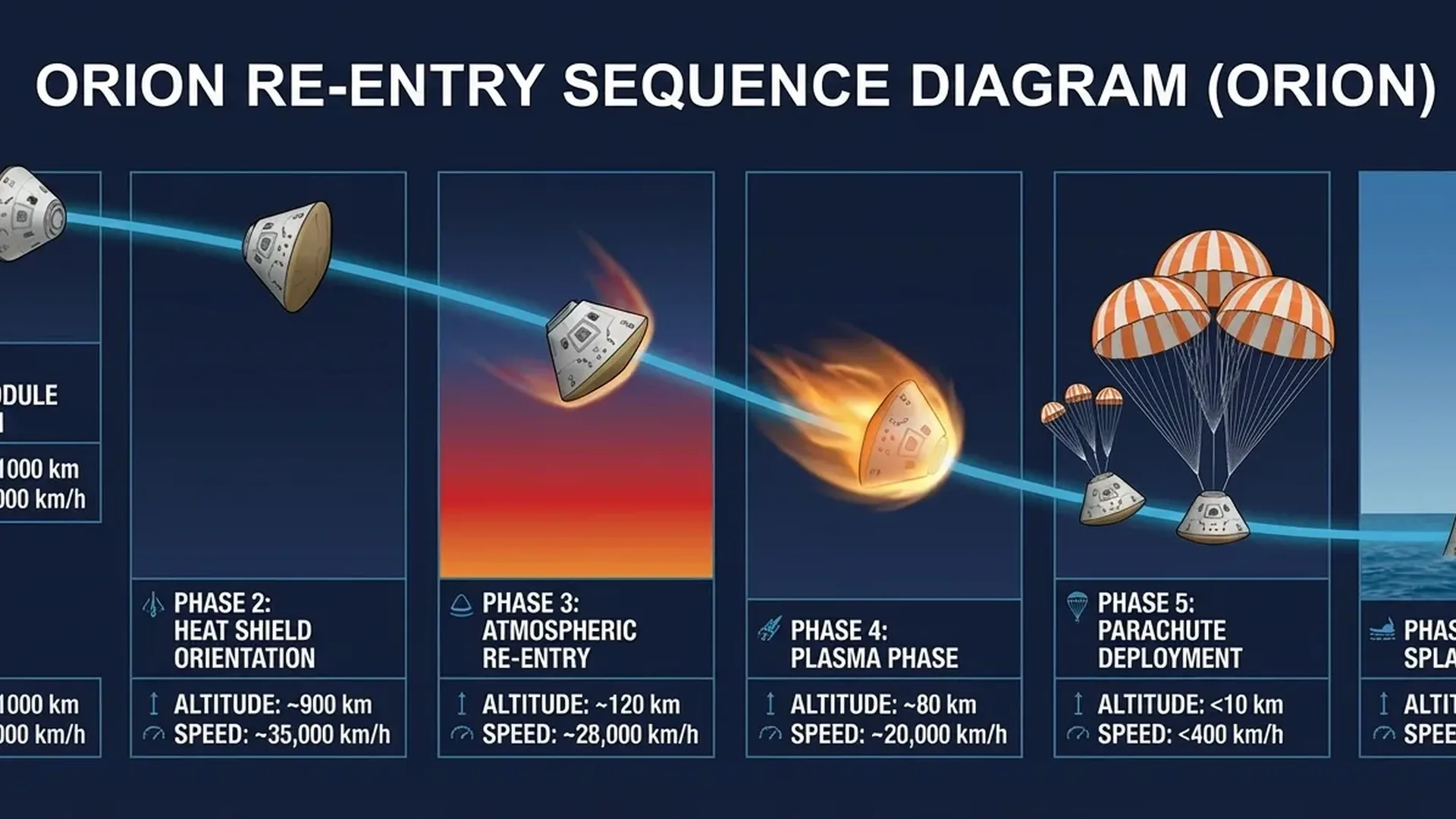 Orion spacecraft atmospheric reentry sequence with heat shield protection