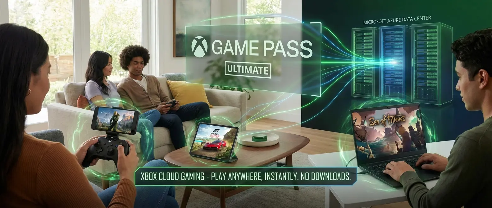 Xbox Cloud Gaming: Halo, Forza, and Xbox exclusives on non-Xbox devices with Game Pass Ultimate, Microsoft Azure data centers, controller with phone mount - play anywhere anytime, seamless cross-device experience