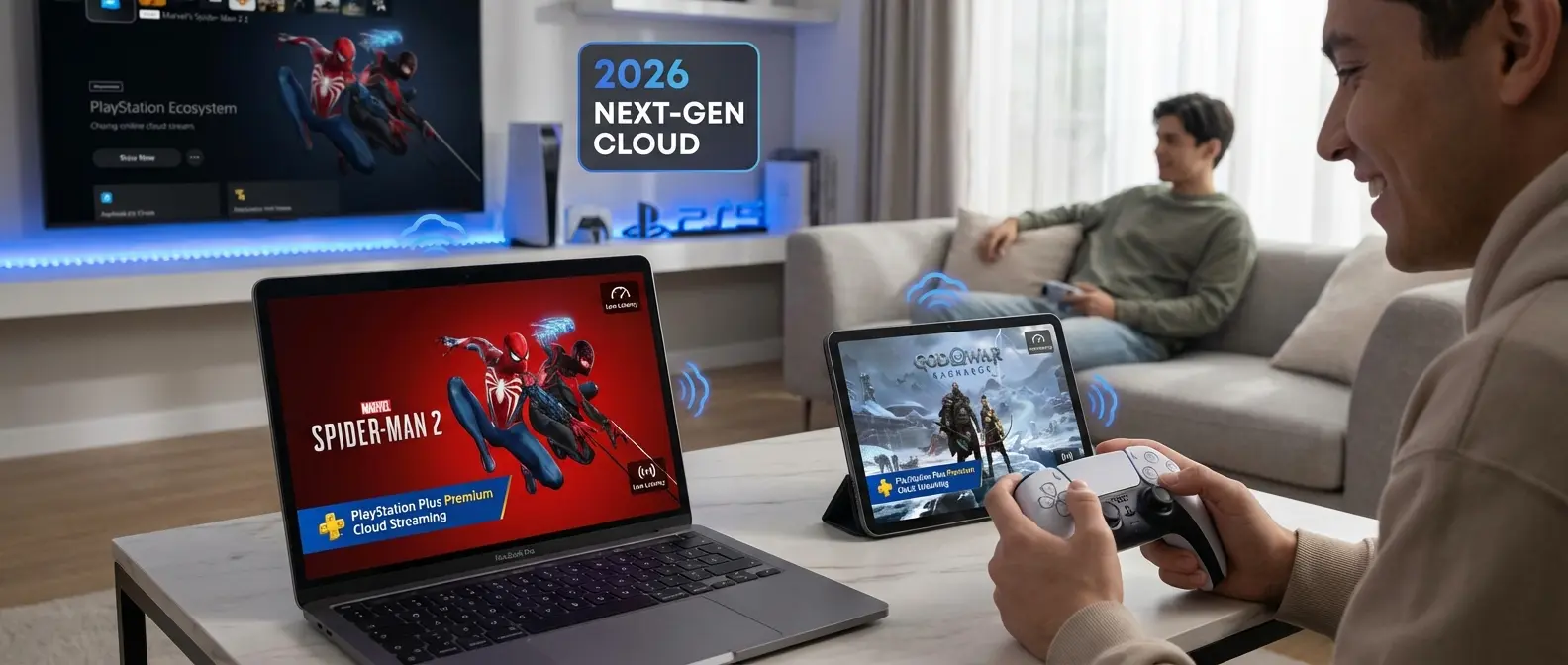 PlayStation Plus Premium: PS5 games like Spider-Man and God of War streaming on MacBook & Android, DualSense with non-PlayStation hardware, low latency gaming in a modern living room setup