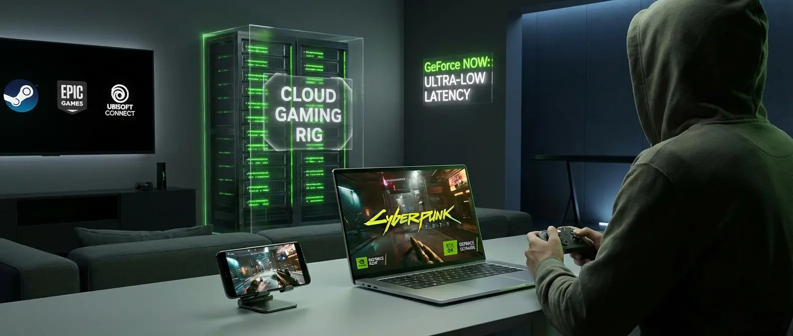 NVIDIA GeForce Now: RTX graphics with ray tracing via cloud, Cyberpunk 2077 on a thin laptop, Steam and Epic libraries accessible, ultra-low latency competitive gaming - a gaming rig in the cloud