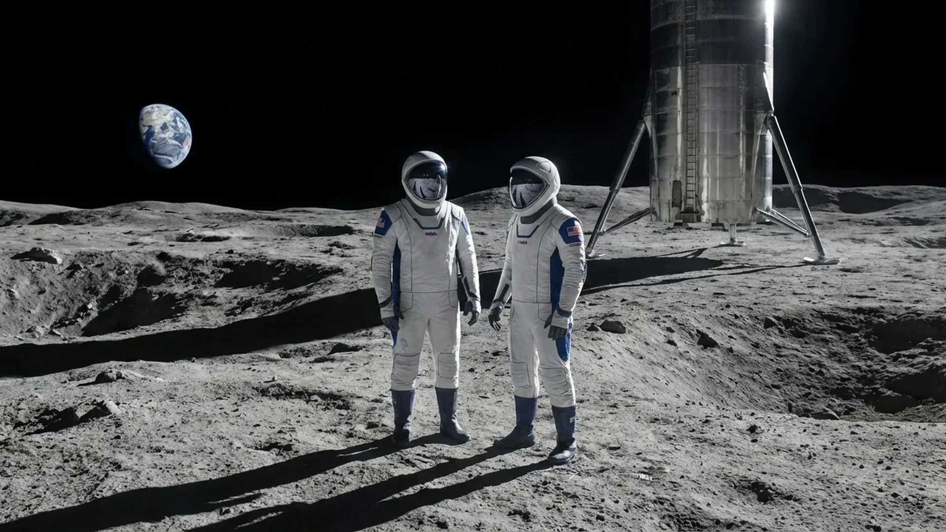 NASA Artemis III mission crew walking on the Moon's south pole with Earth visible in the background