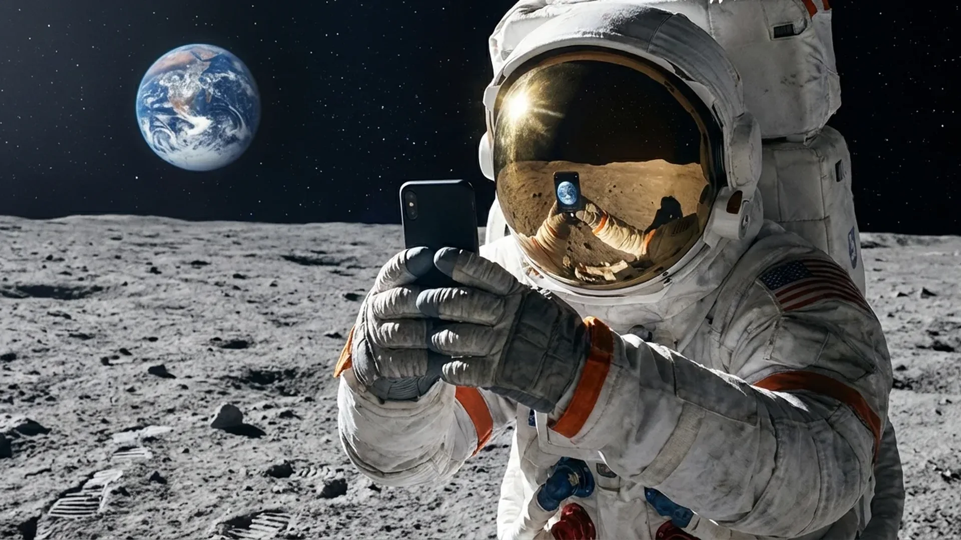 NASA astronaut using iPhone on lunar surface during Artemis mission, showcasing new space communication technology