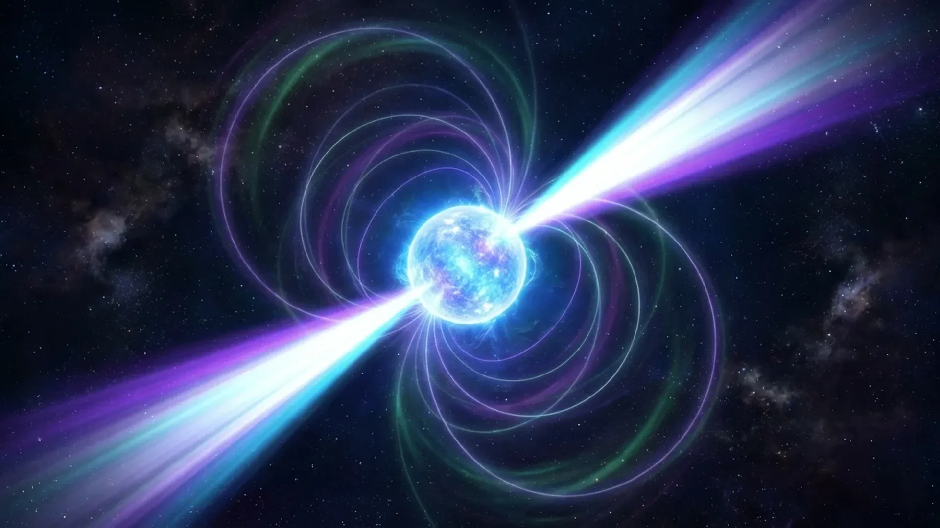 Artist's visualization of a rapidly spinning neutron star with magnetic field lines