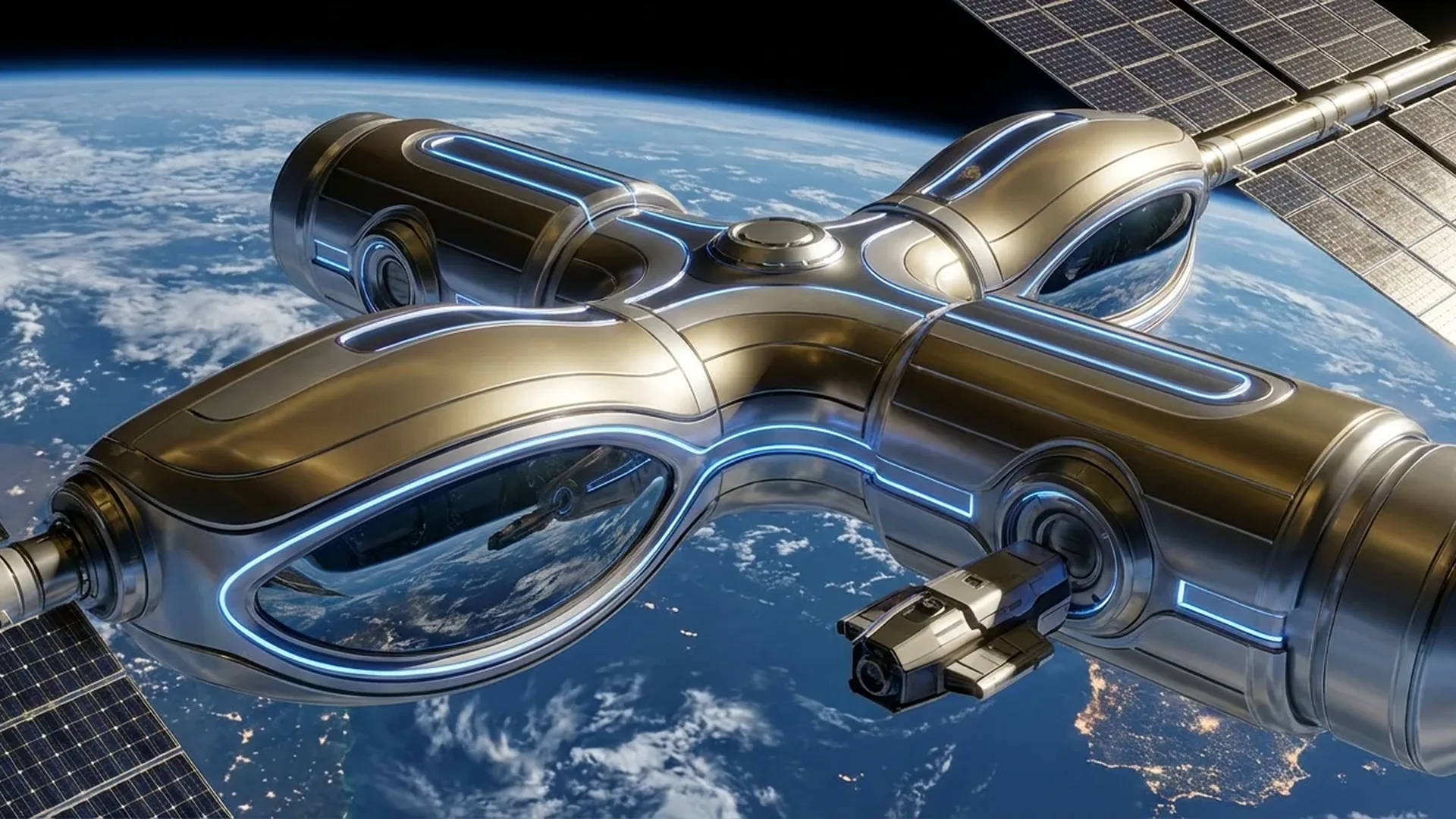 Axiom Space's commercial space station concept rendering showing modular design and solar panels in Earth orbit