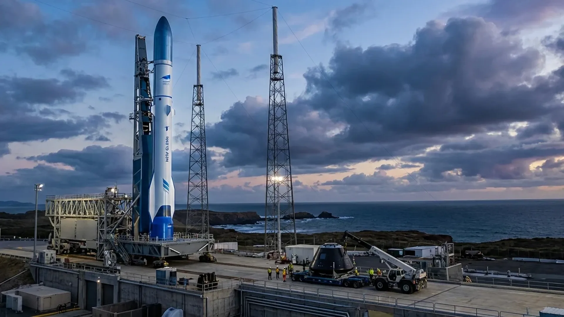 Blue Origin's New Glenn rocket standing 320 feet tall at Cape Canaveral launch pad with 7 BE-4 engines visible