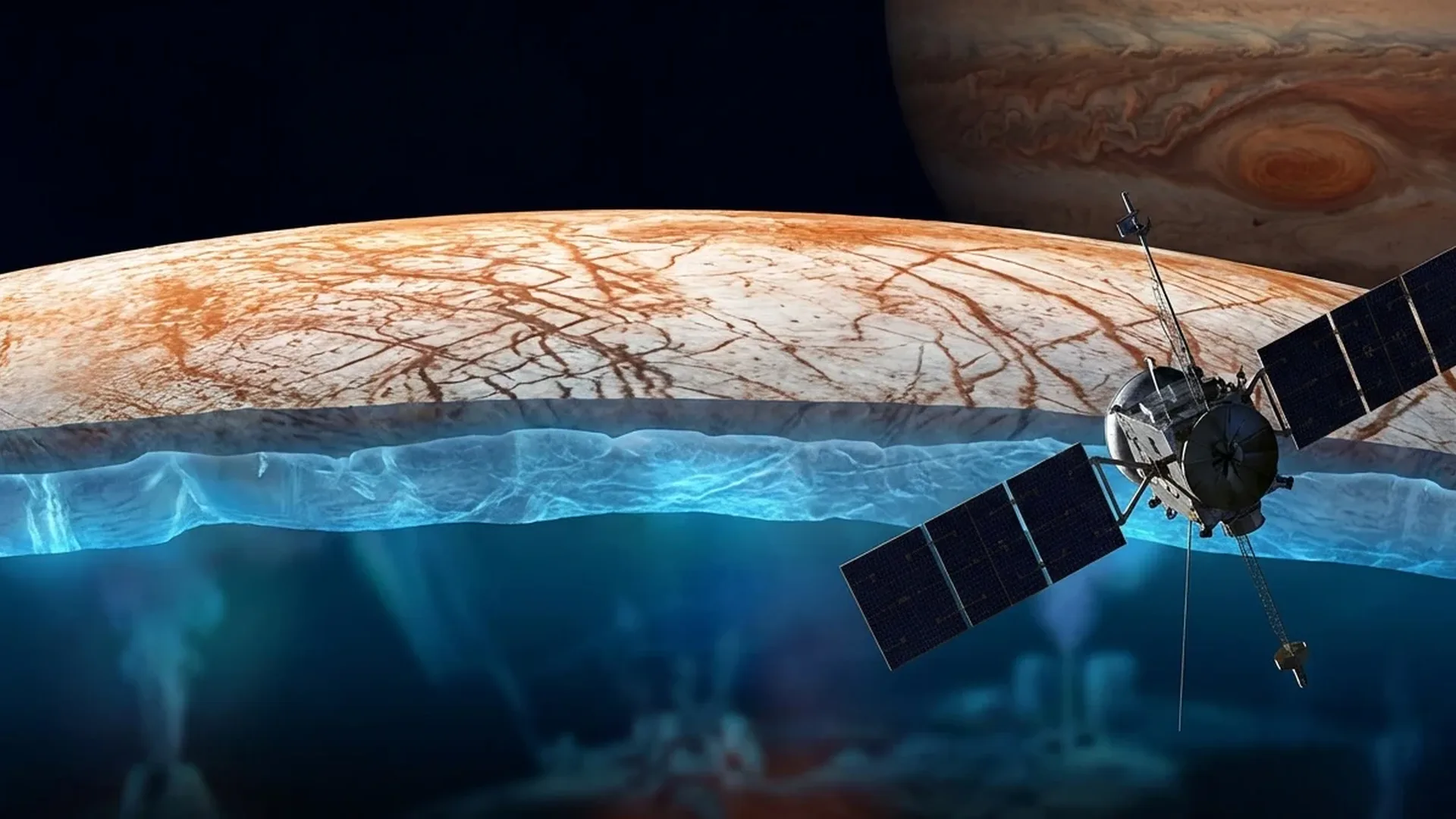 Europa's icy surface with Jupiter in background showing the moon's potential for harboring life beneath its frozen ocean