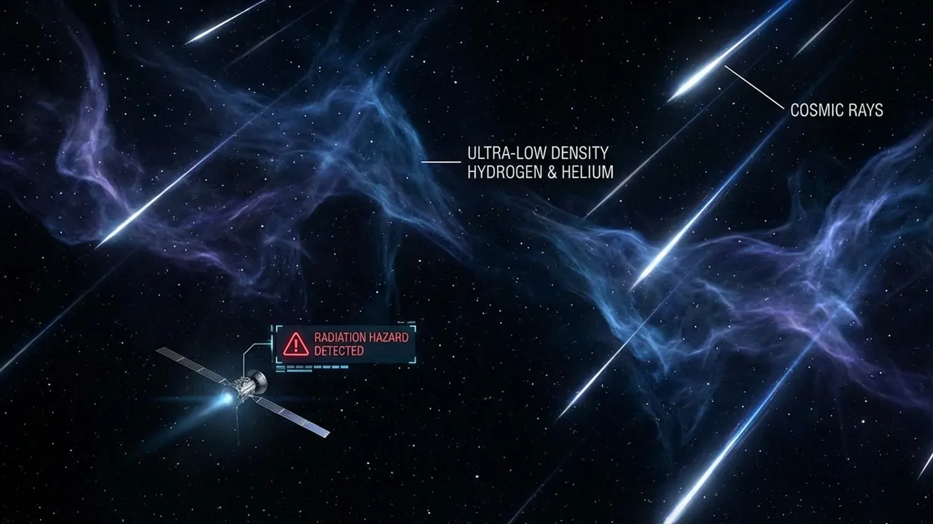 Visualization of interstellar space showing cosmic dust and radiation between star systems