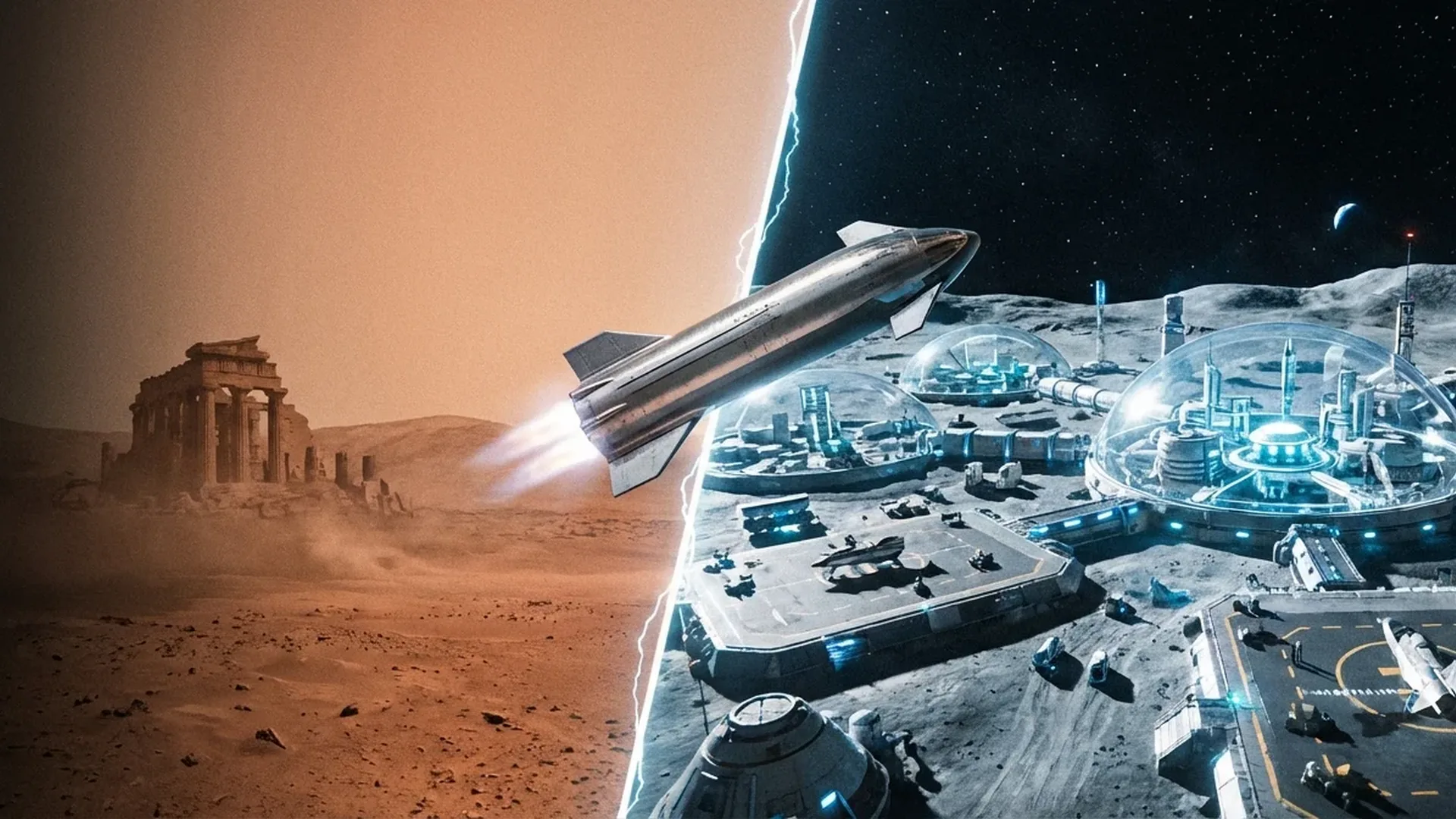 Elon Musk presenting SpaceX's new lunar colonization strategy with Moon city concept art in background