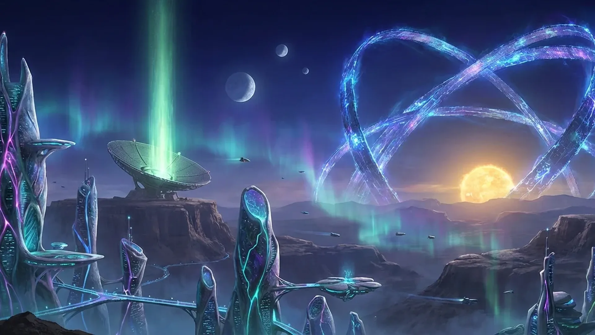 Artist concept of advanced alien civilization on distant exoplanet with megastructures