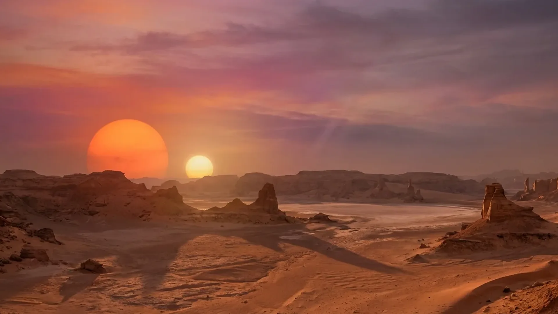 Artist's impression of a circumbinary planet with double sunset similar to Tatooine from Star Wars