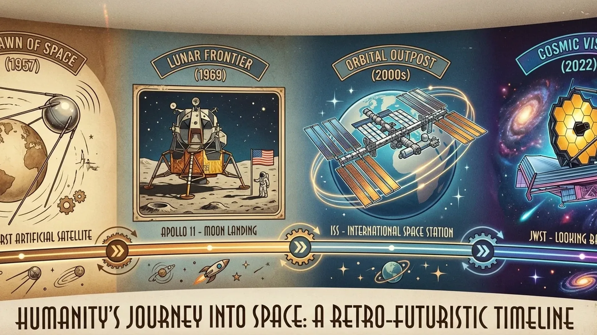 Comprehensive timeline of space exploration milestones from 1957 to 2024 showing major missions and achievements