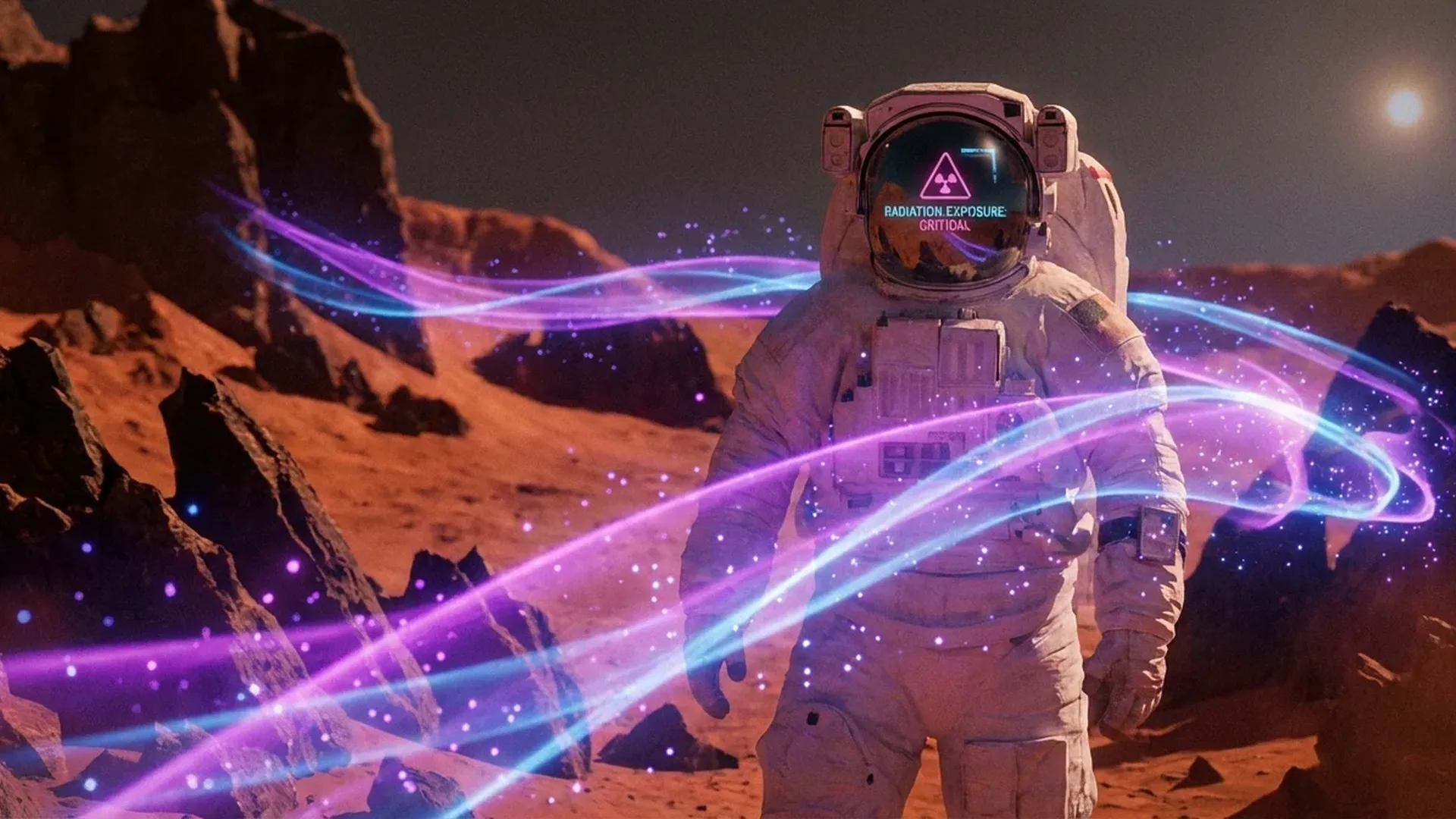 Astronaut in space suit exposed to cosmic radiation particles and solar wind in the vacuum of space