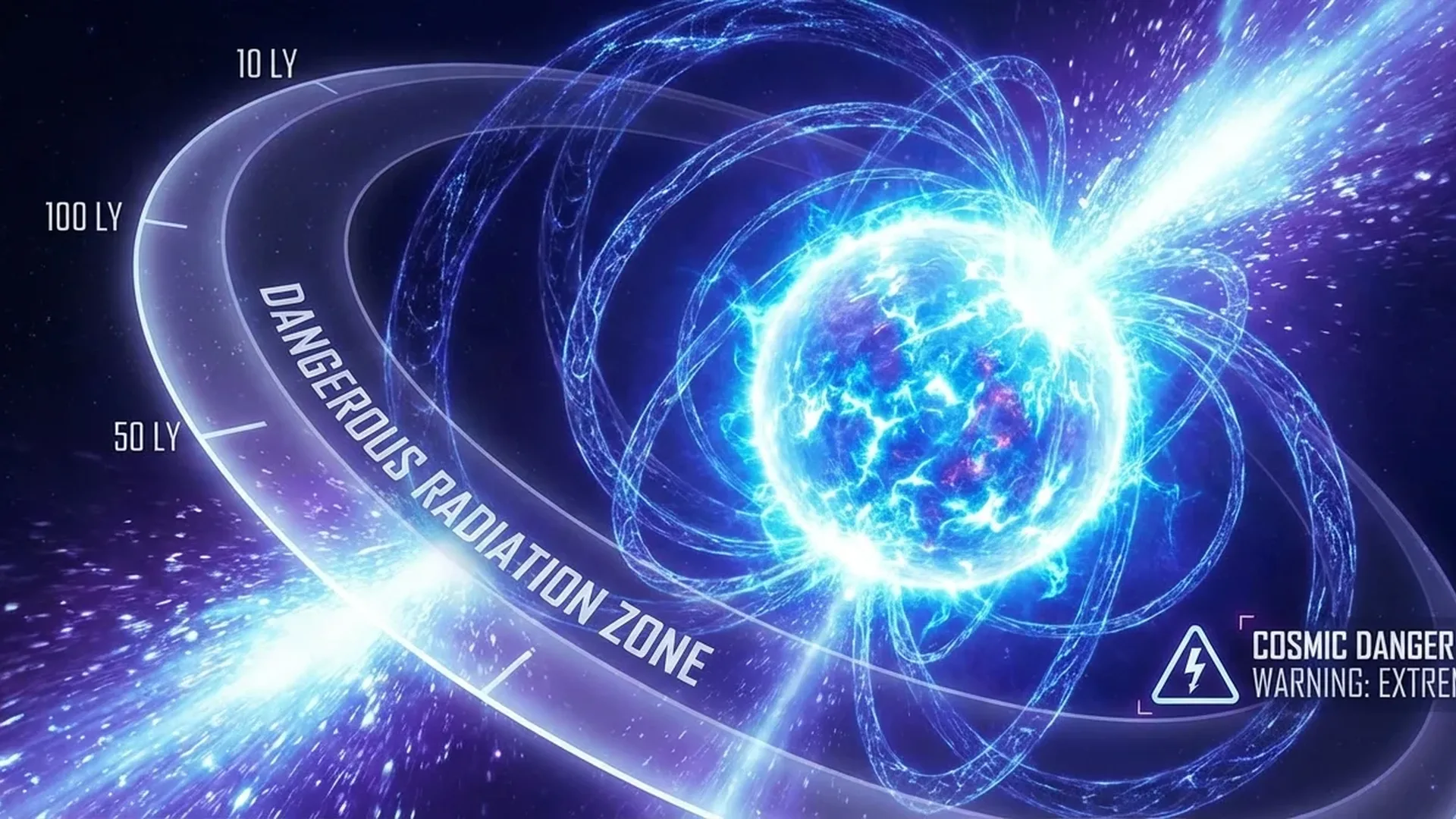 Artist's rendering of a magnetar showing intense magnetic field lines and energy emissions