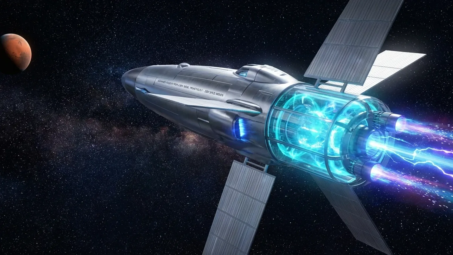 Nuclear thermal rocket engine design showing fuel heating chamber and nozzle for Mars missions