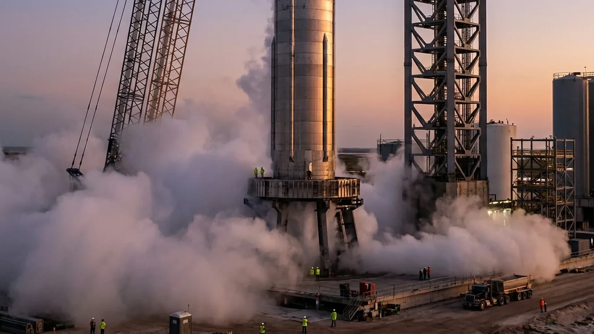 SpaceX Super Heavy booster undergoing cryoproof testing at Starbase facility in Texas