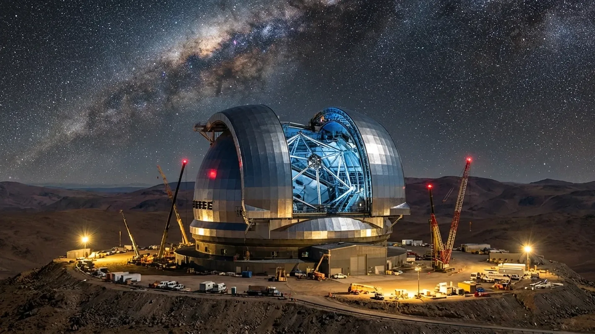 ESO's Extremely Large Telescope construction site in Chile's Atacama Desert showing the massive 39-meter segmented mirror assembly
