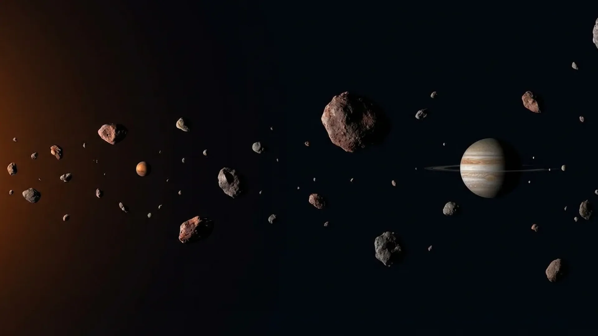 The sparse Asteroid Belt between Mars and Jupiter showing vast empty spaces