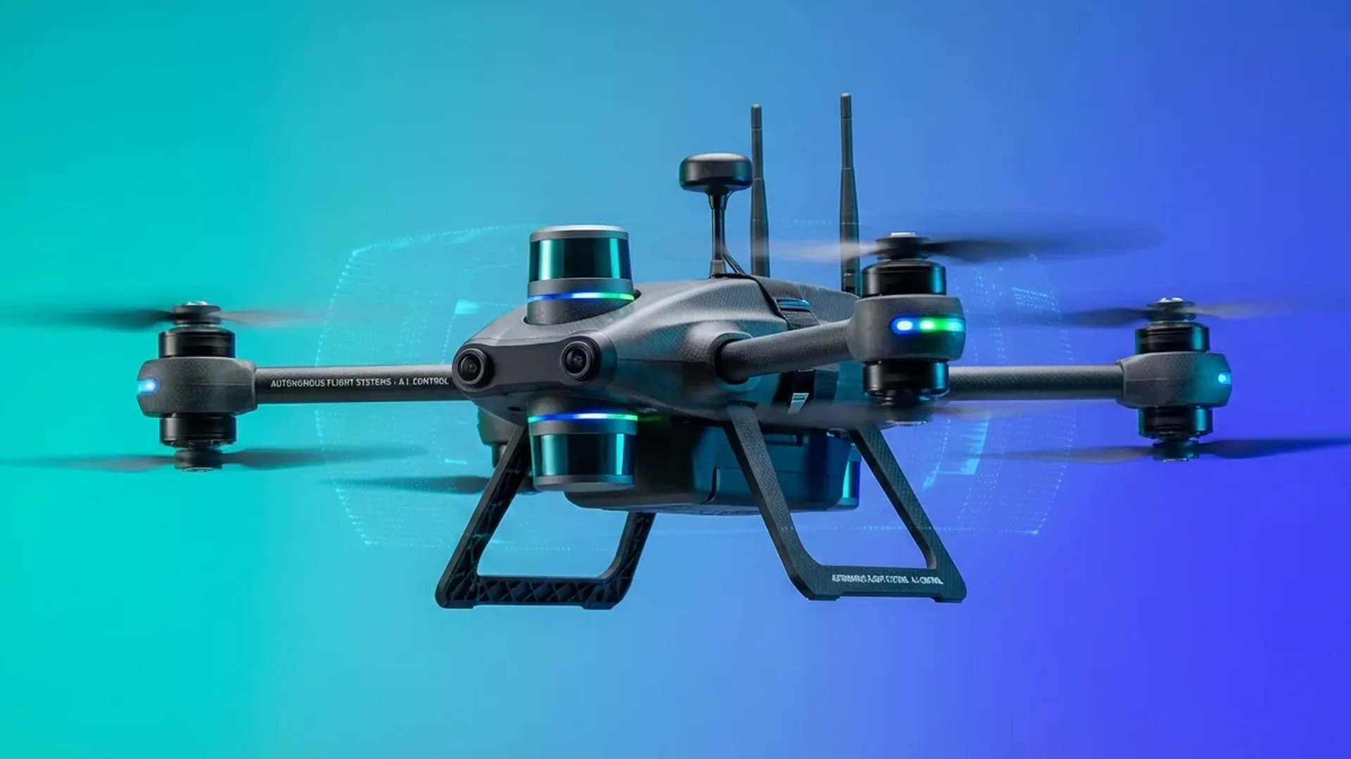 Autonomous delivery drone flying independently over urban landscape without human operator control