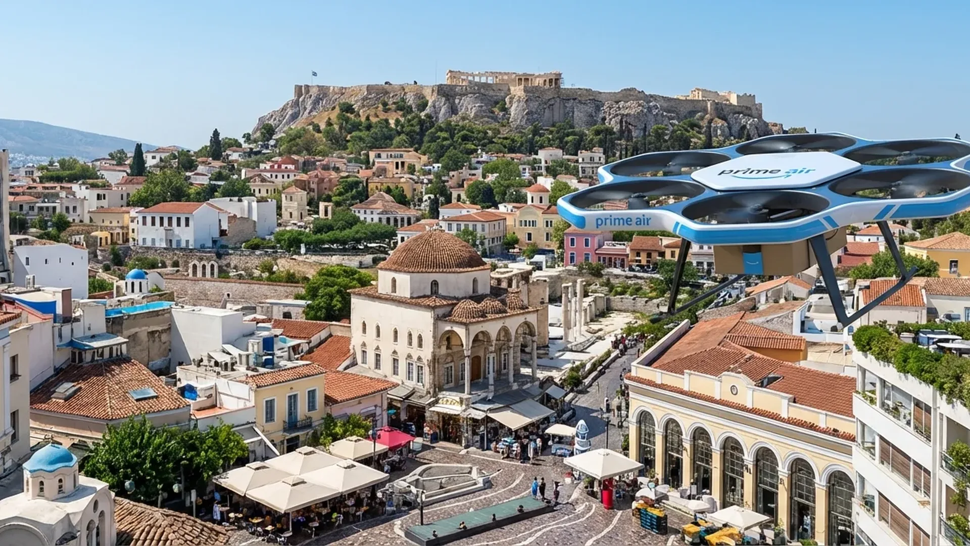 Amazon Prime Air MK30 drone delivering a package to a residential area in Greece