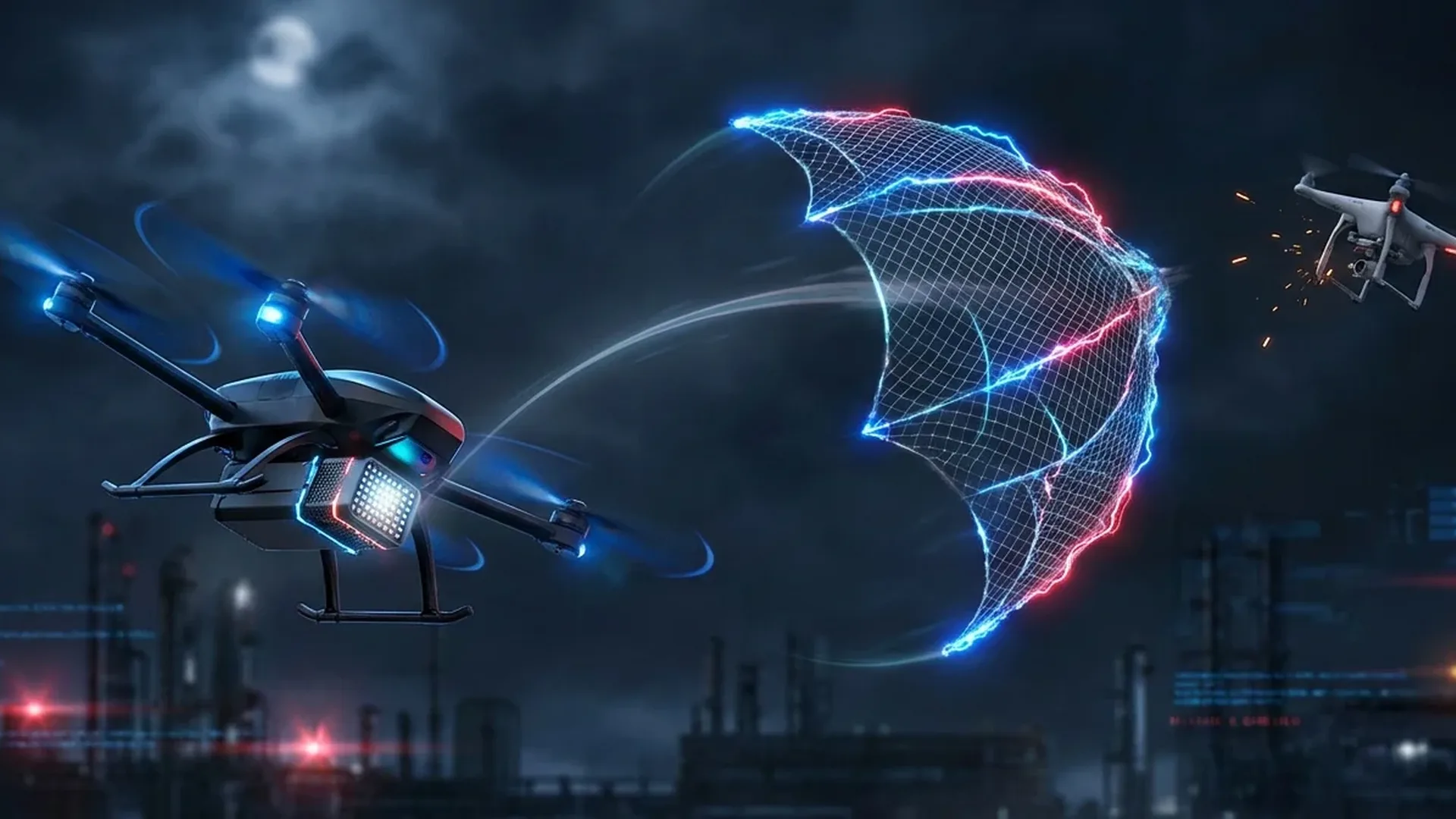 Multi-layered anti-drone defense system showing detection radar, jamming equipment and laser interceptors