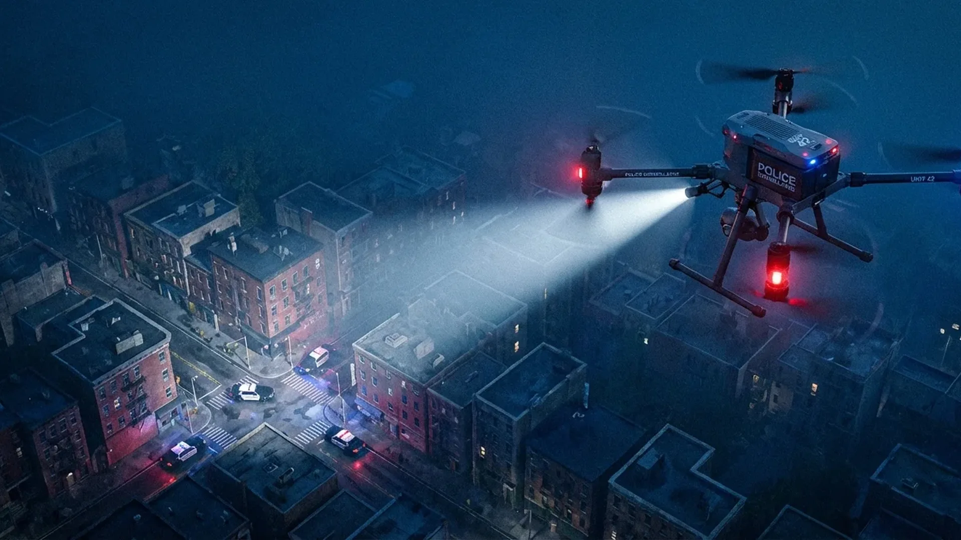 Police drone equipped with spotlight and camera flying surveillance mission over urban area at night