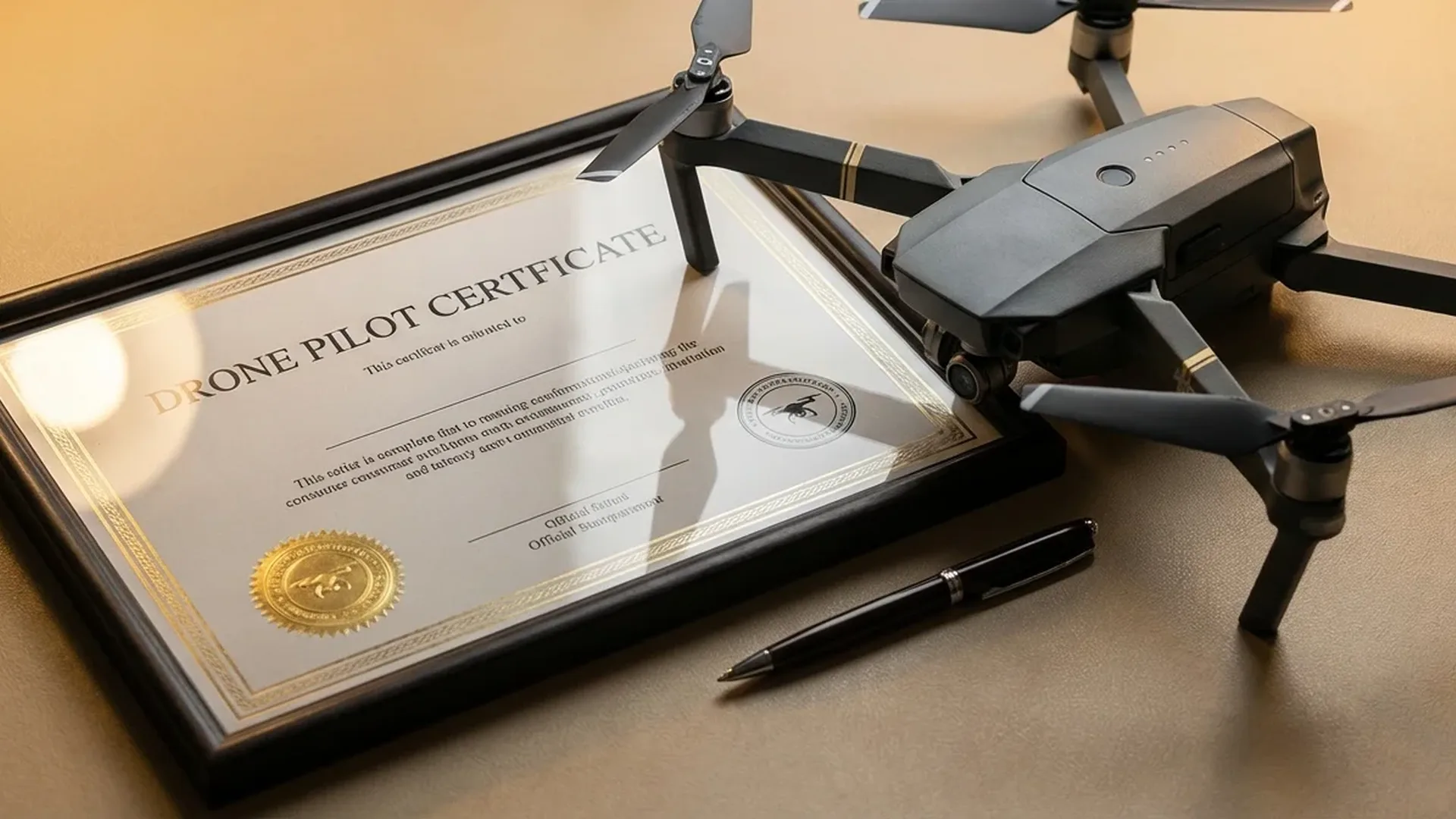 European drone pilot holding EASA certificate with drone in background showing licensing requirements
