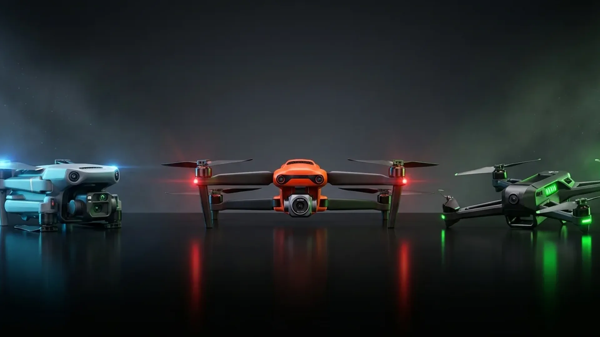 DJI Air 3S, Autel EVO Lite+, and Skydio 2+ drones side by side comparison showing design differences and specifications