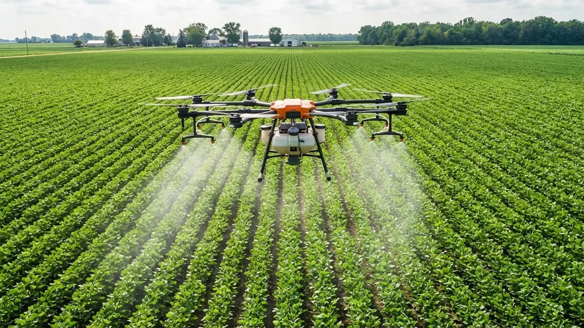 Agricultural drone spraying crops in precision farming operation