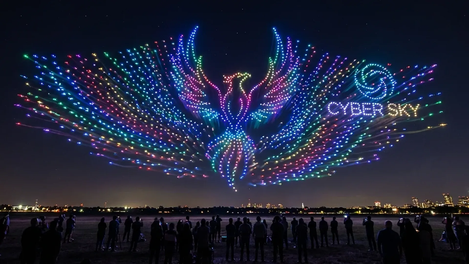 Thousands of synchronized drones creating spectacular light patterns against dark night sky