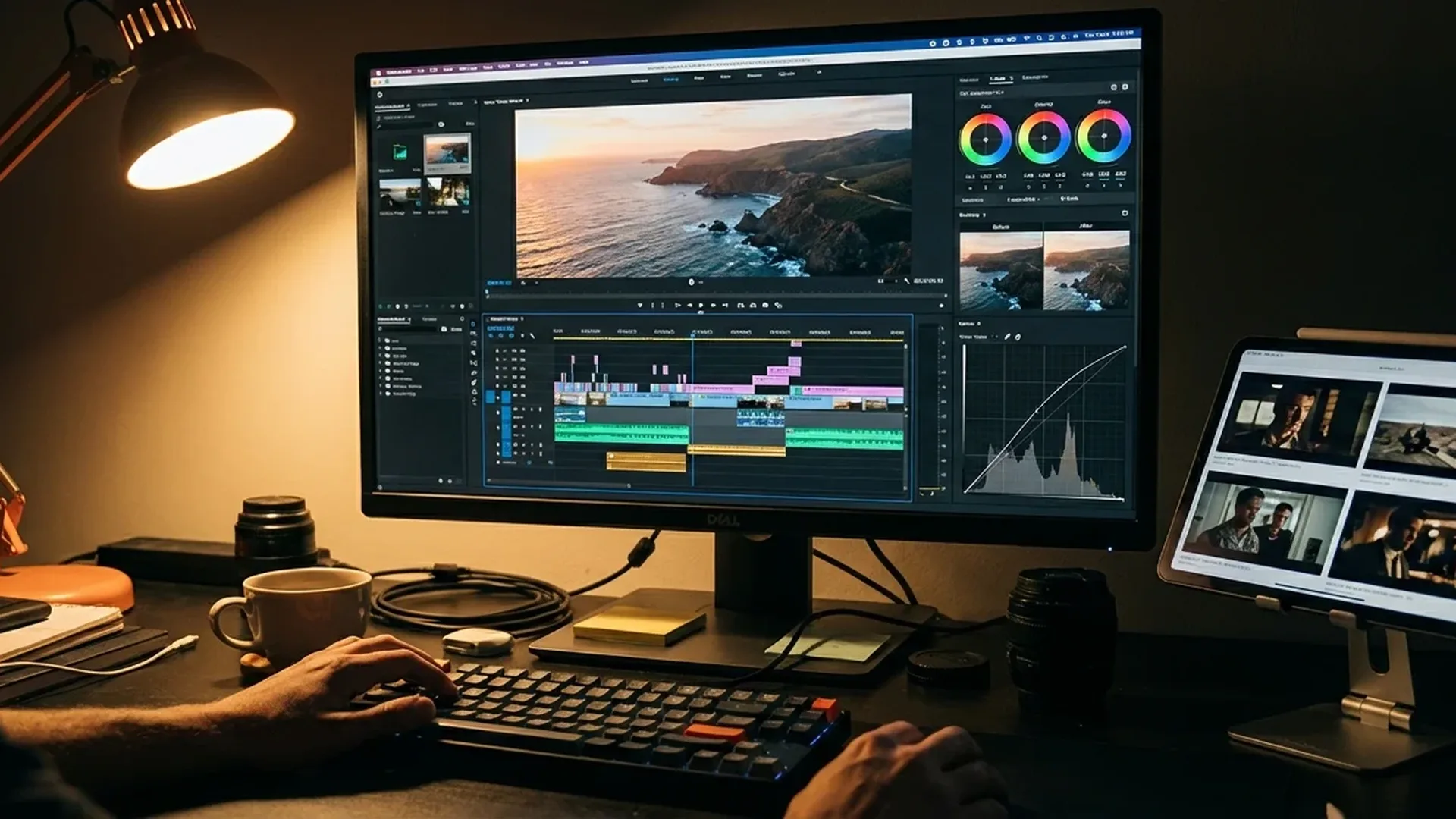 Drone video editing interface showing DaVinci Resolve timeline with aerial footage