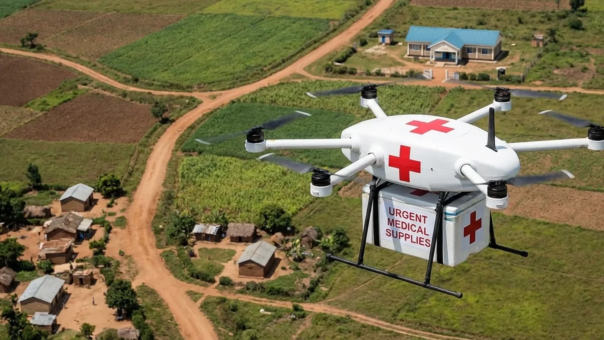 Medical drone carrying blood samples flying over remote African terrain