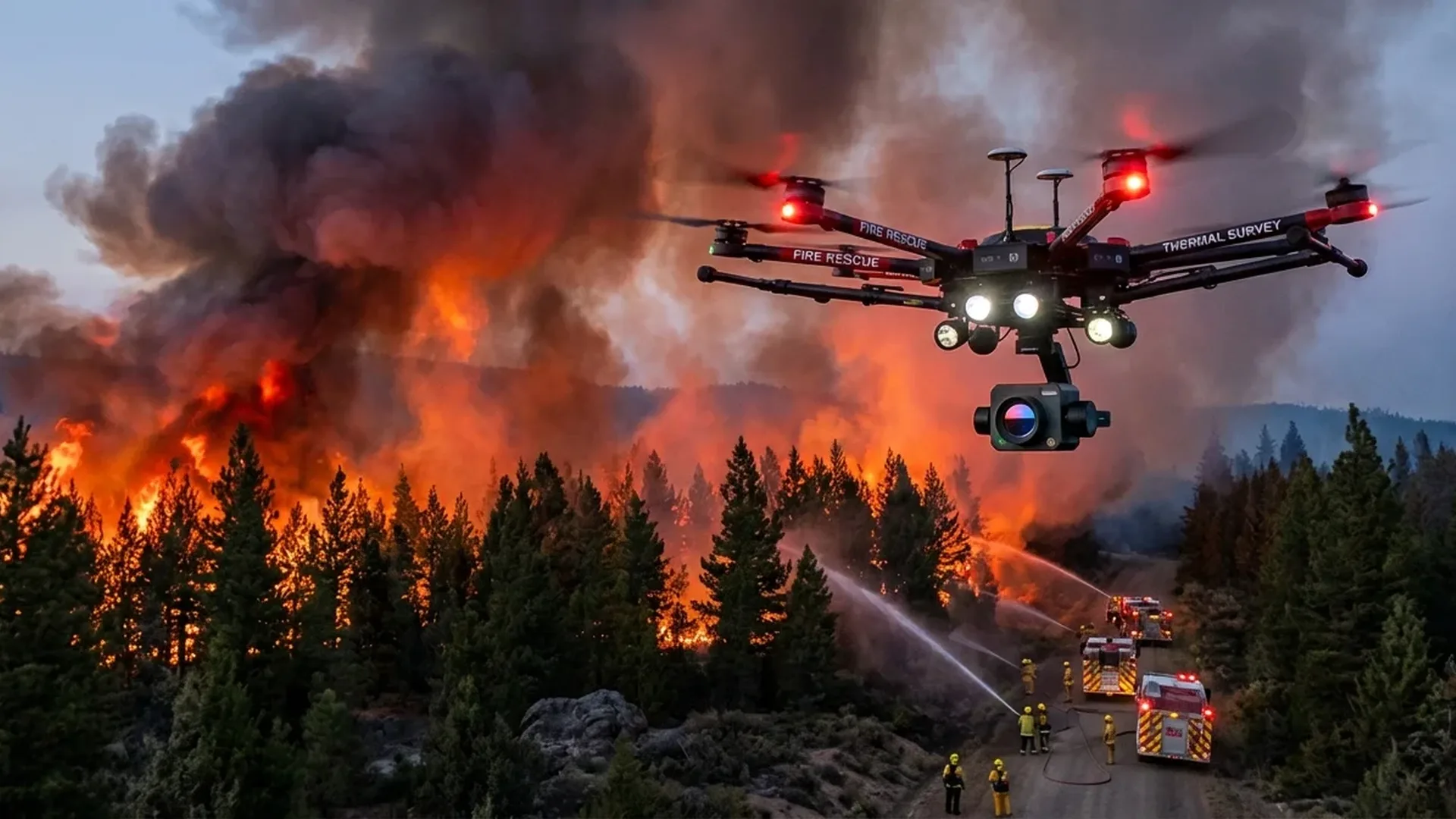 Firefighting drone flying over a forest wildfire with thermal camera detecting hotspots