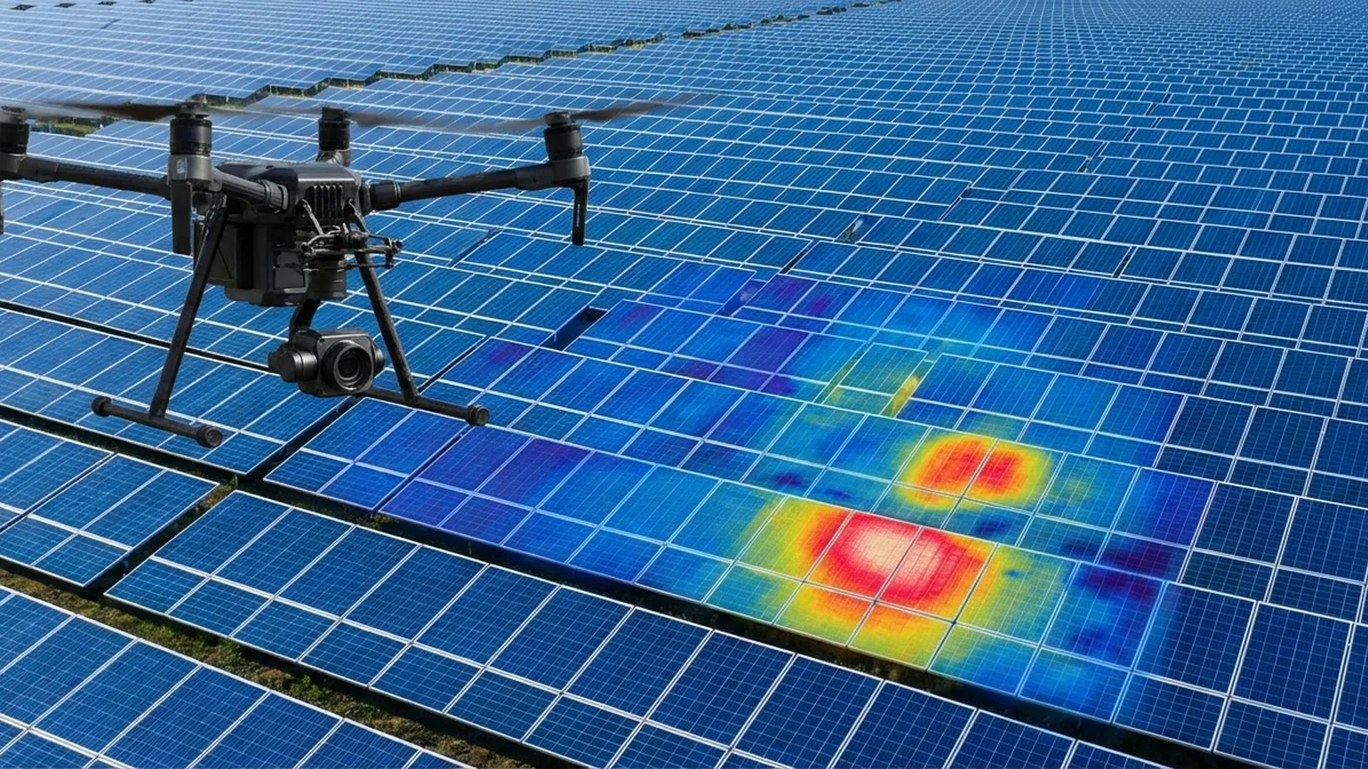 Professional drone equipped with thermal infrared camera surveying large solar panel installation for defect detection