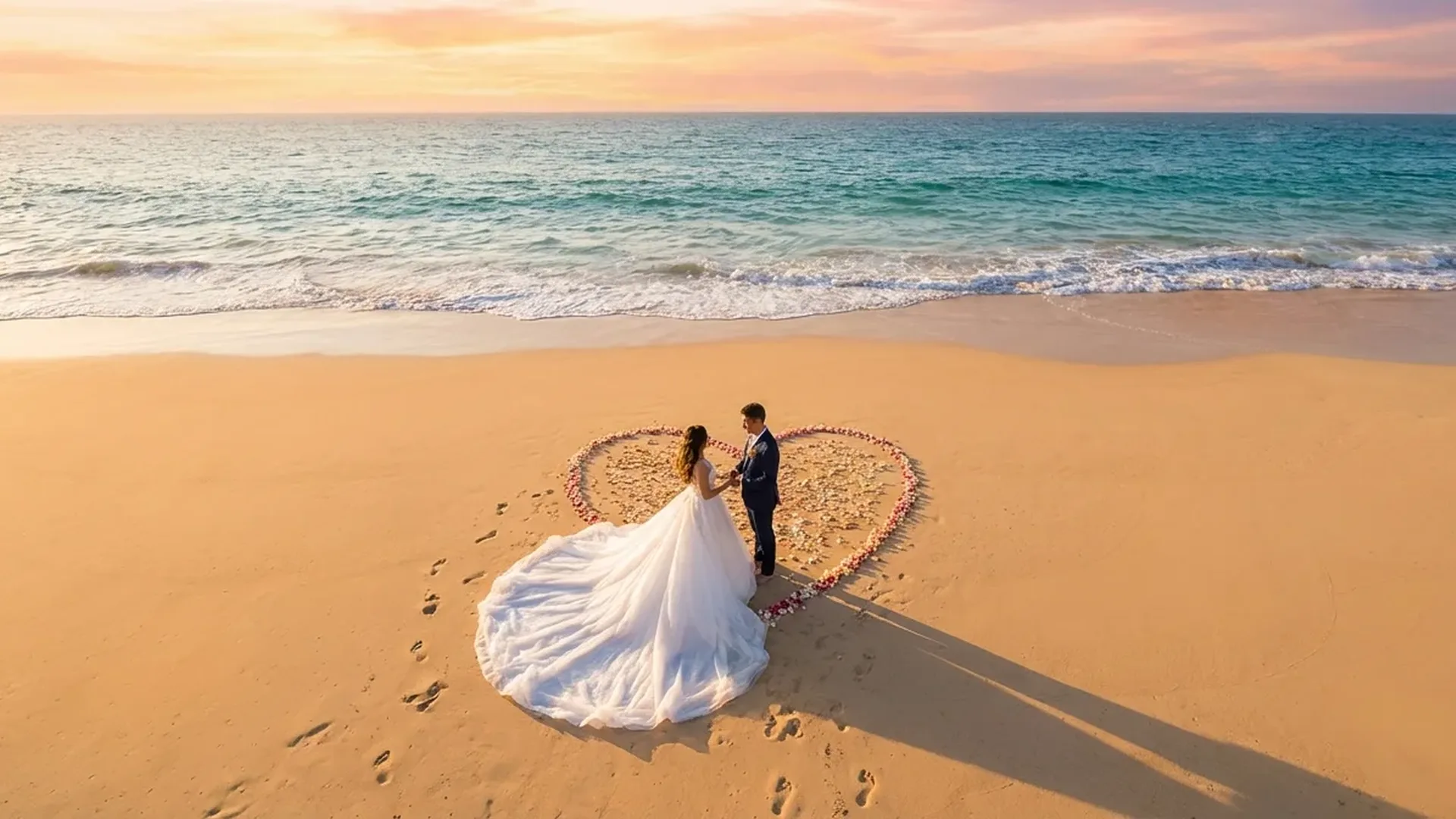 Professional drone capturing aerial wedding photography over Greek islands with stunning panoramic view