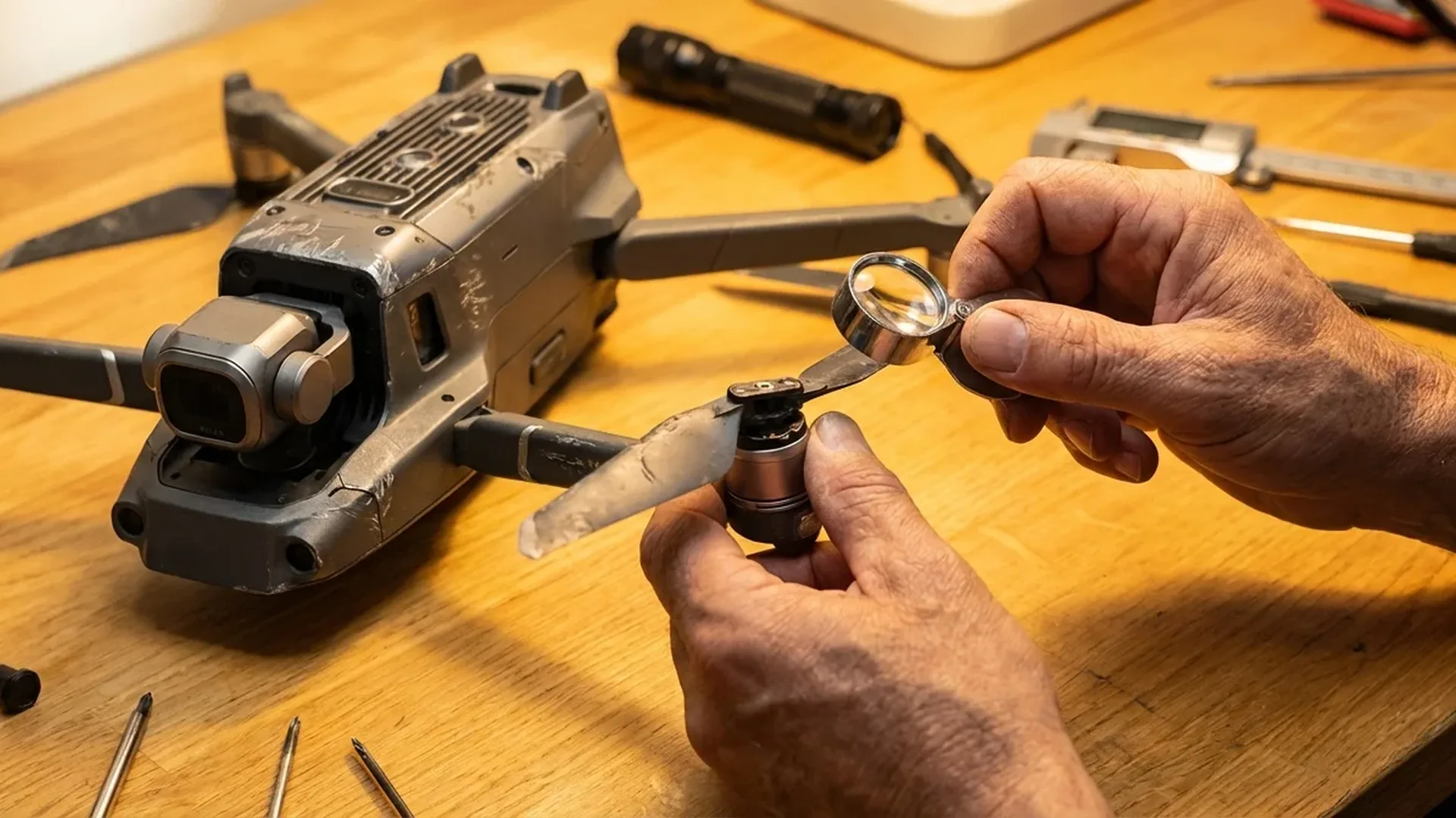 Person inspecting used drone components including gimbal and battery before purchase