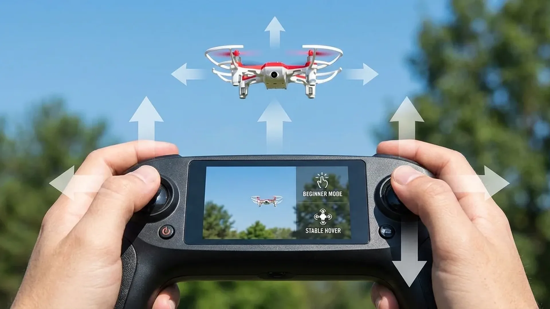 Drone pilot practicing basic maneuvers and controls in open field