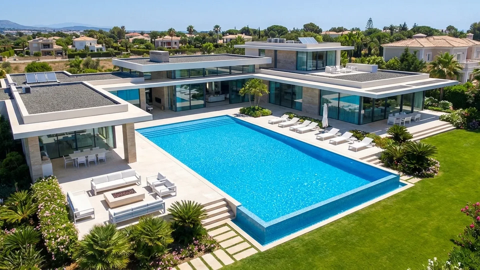 Professional drone capturing aerial view of luxury property with swimming pool and landscaped gardens for real estate marketing