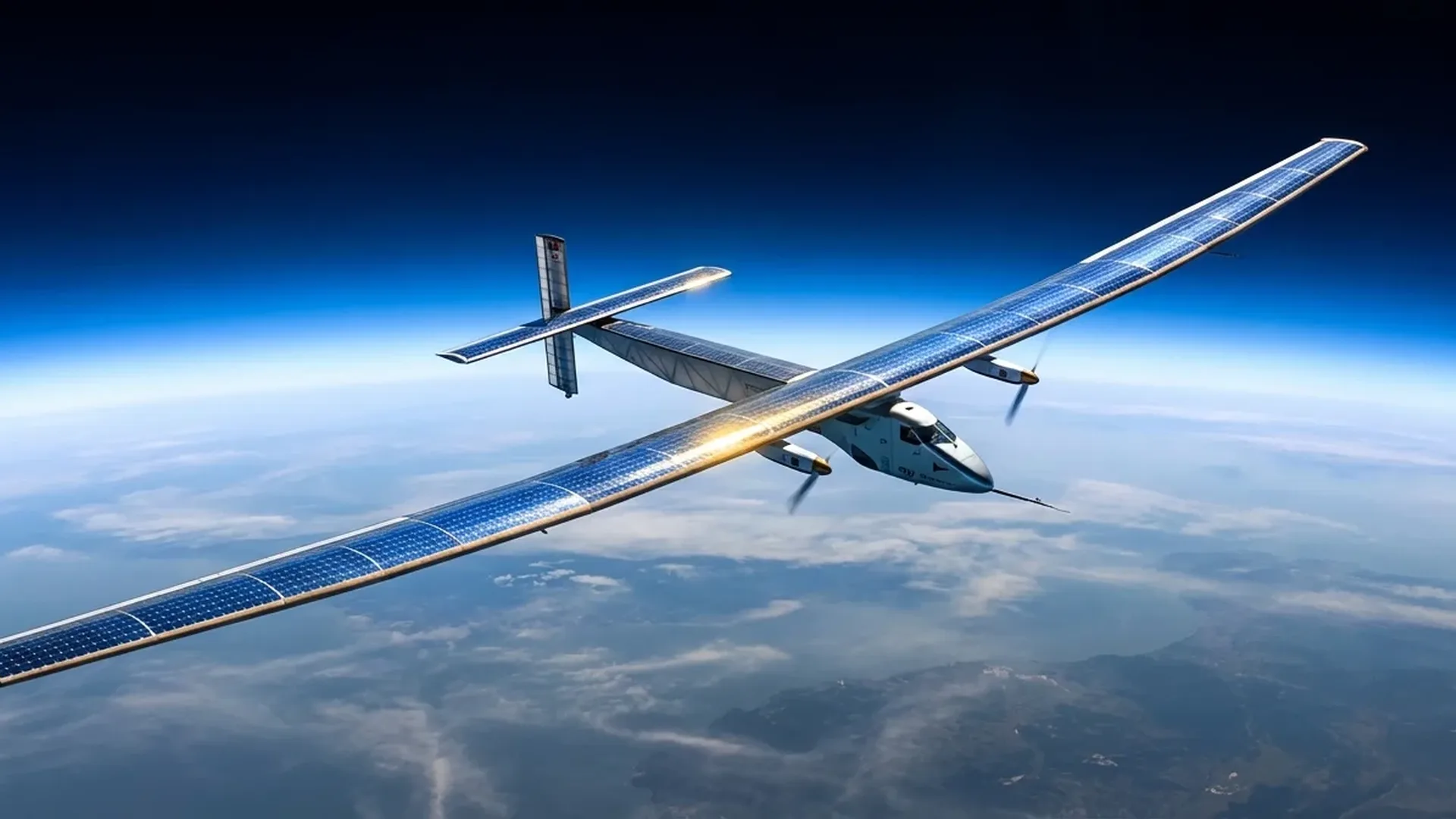 Solar-powered drone with photovoltaic wing panels flying in stratosphere above clouds