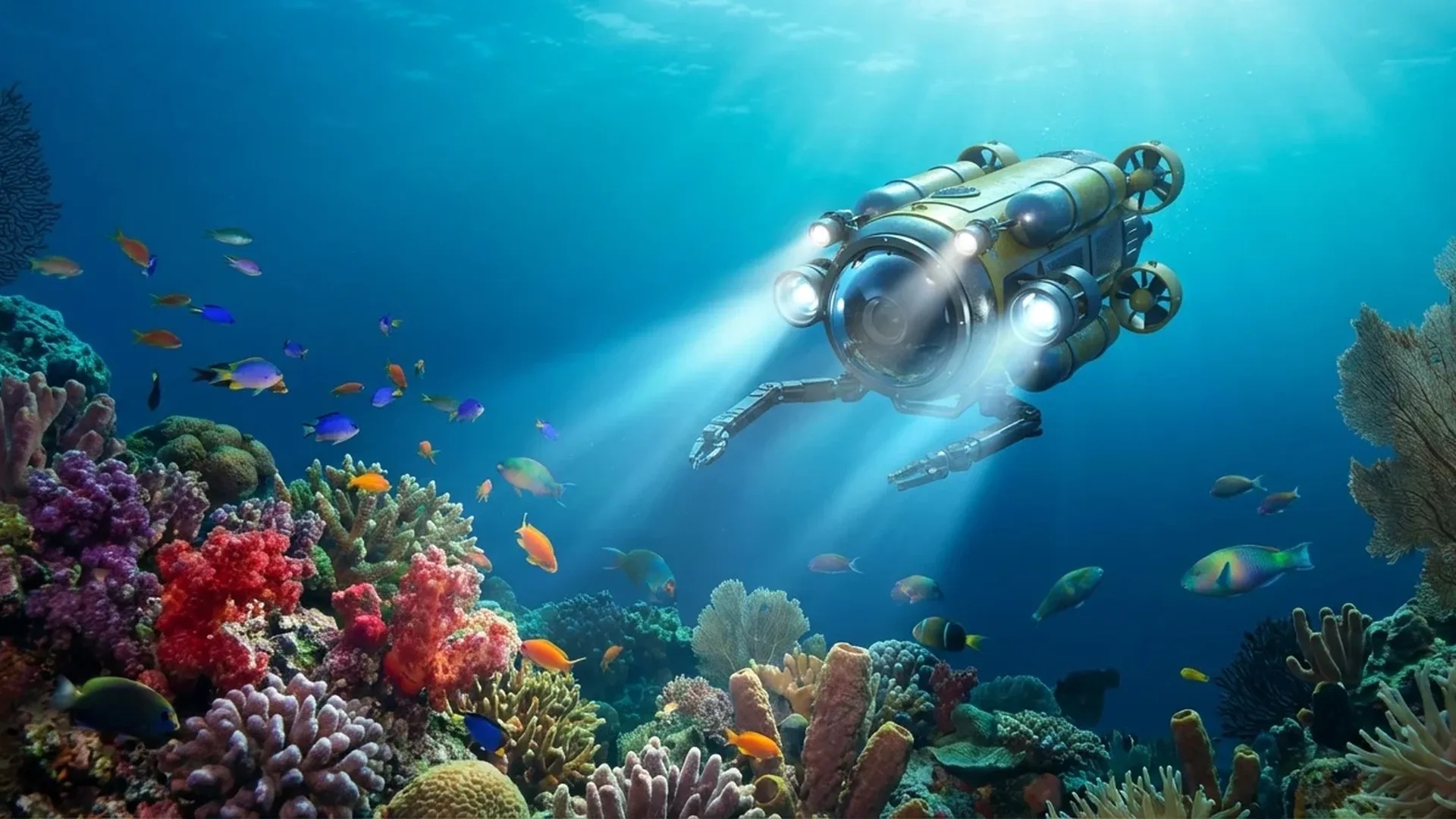 Advanced underwater drone ROV exploring deep ocean floor with LED lights and robotic arms