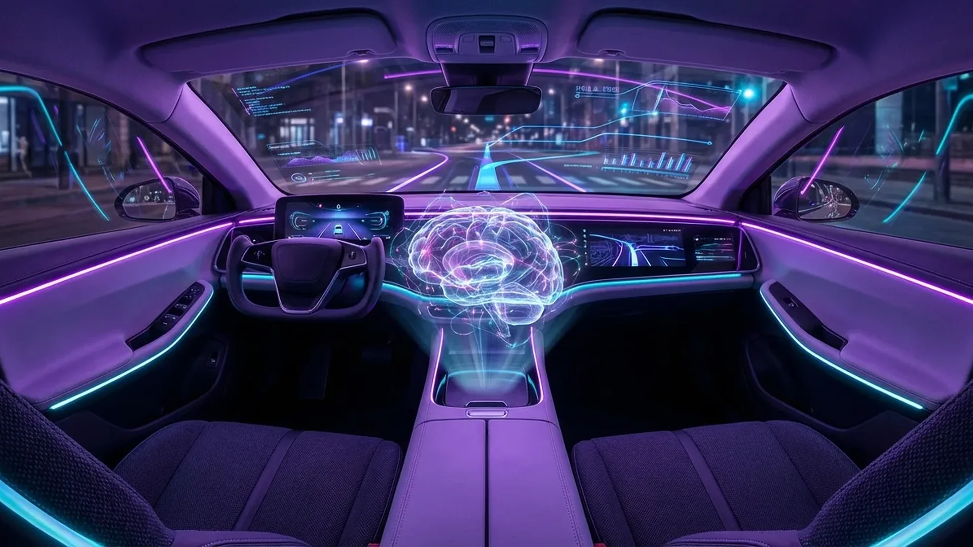 Electric vehicle dashboard displaying AI-powered smart navigation and battery management systems