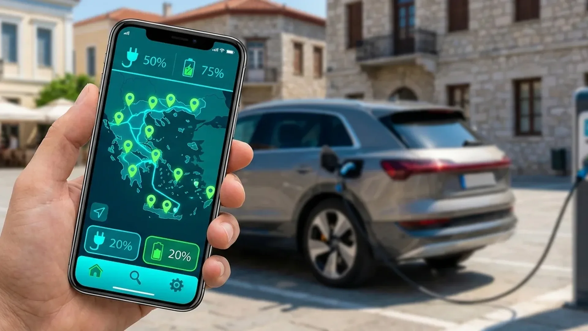 Screenshot showing the best EV charging apps for Greece including PlugShare, ABRP, and Chargemap with charging station locations
